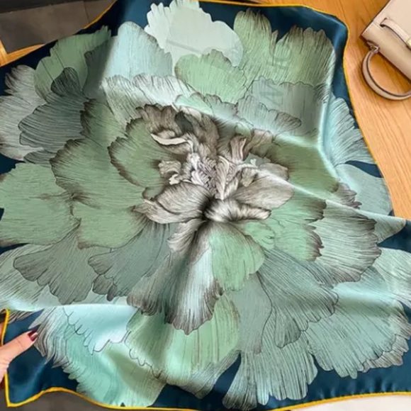 Mulberry Accessories - Silk Scarf. Mulberry 26” x 26”. Light teals and gold.